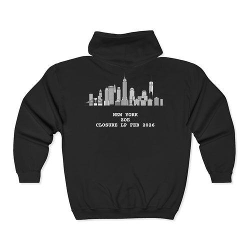New York Skyline Zip Hoodie — Retro Sunset Cityscape "New York 90s"